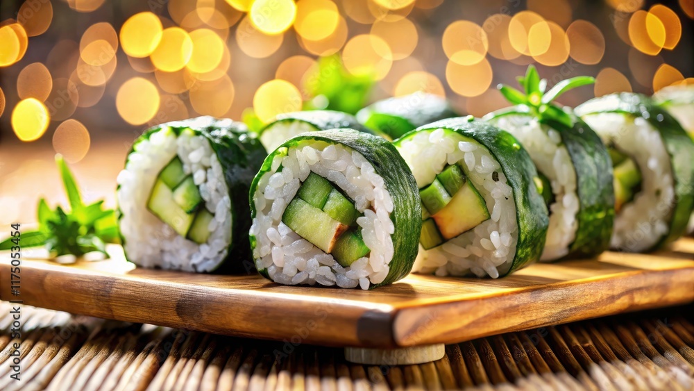 Japanese culinary delight: bokeh-enhanced sushi rolls, a feast for the eyes. Japanese culinary delight: bokeh-enhanced sushi rolls, a feast for the eyes.