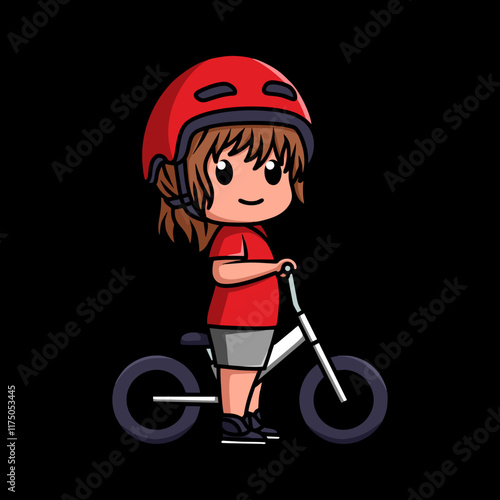 Chibi kawaii character of a little girl riding a balance bike or push bike in black background