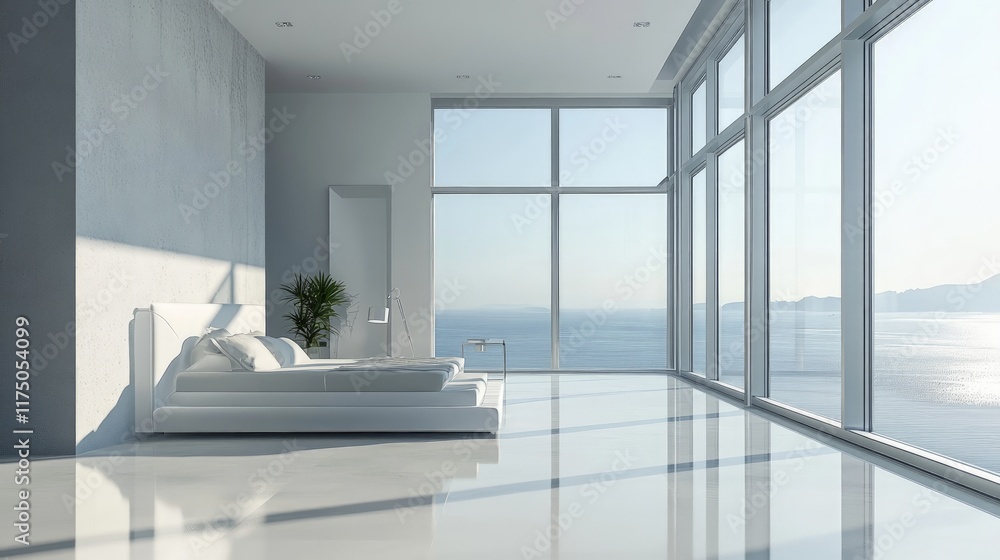 Fototapeta premium Sleek Luxurious Bedroom with Panoramic Oceanview Windows