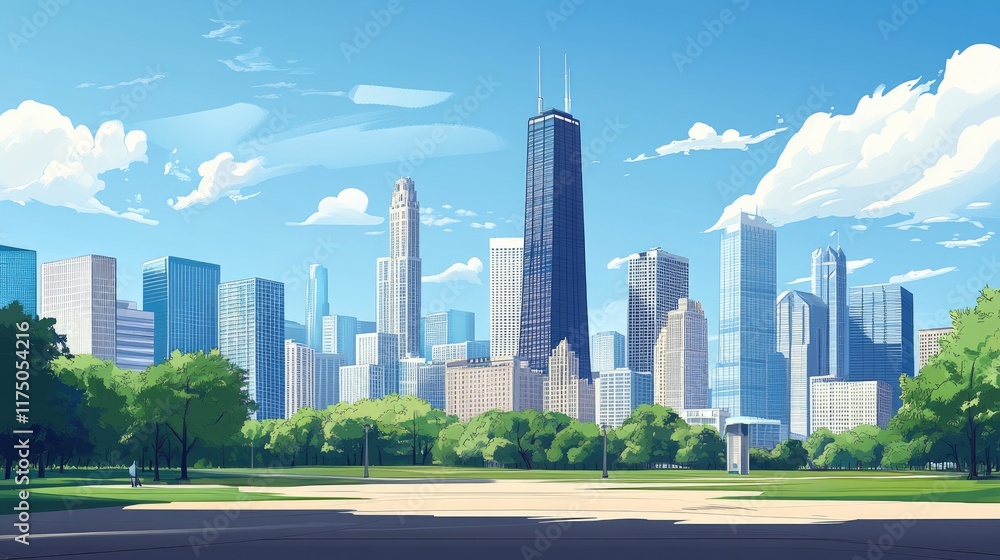 Fototapeta premium City Skyline Viewed From A Lush Green Park