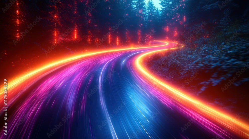 Glowing road curves through dark forest, light trails, fantasy, digital art, website banner Glowing road curves through dark forest, light trails, fantasy, digital art, website banner