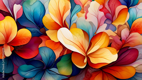 Wallpaper Mural Vibrant abstract petals, colorful floral explosion, rainbow hues, soft watercolor texture, overlapping organic shapes, dynamic composition, rich saturated colors, dreamy atmosphere, digital painting Torontodigital.ca