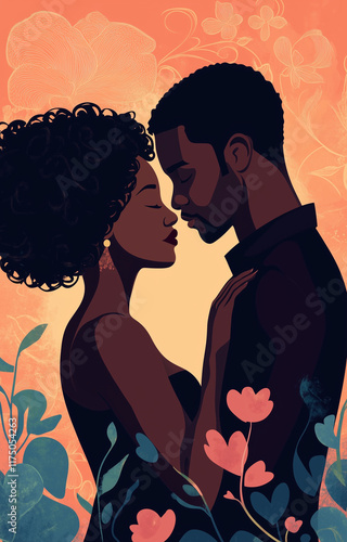 A romantic image of a black couple in a beautiful location, flat illustration in pretty colour palette, portrait format ratio 9:14