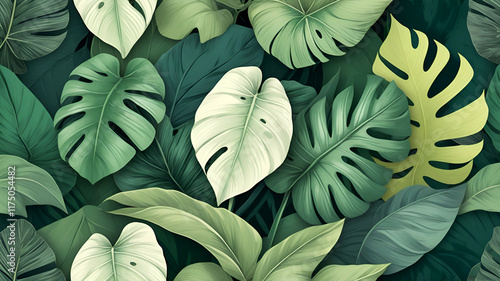 Wallpaper Mural Tropical leaves, botanical illustration, lush green foliage, vibrant color palette, overlapping leaves, textured paper background, close-up nature study, organic shapes, variegated greens Torontodigital.ca