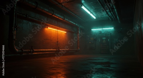 dark underground tunnel, flooded basement, cyan fluorescent lights, rusty pipes, industrial setting, post-apocalyptic atmosphere, murky water reflections, abandoned facility, grungy walls, eerie ambia photo