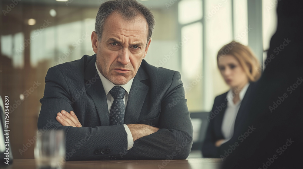 Male manager leaning over a desk, arms crossed, glaring at a nervous employee standing nearby in a modern office space. Male manager leaning over a desk, arms crossed, glaring at a nervous employee standing nearby in a modern office space.