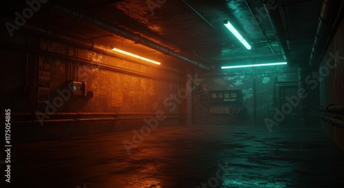 dark underground tunnel, flooded basement, cyan fluorescent lights, rusty pipes, industrial setting, post-apocalyptic atmosphere, murky water reflections, abandoned facility, grungy walls, eerie ambia photo