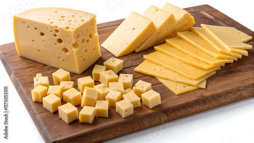 Tinywow cheese texture on wooden plate isolated on a white background