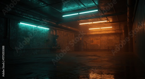 dark underground tunnel, flooded basement, cyan fluorescent lights, rusty pipes, industrial setting, post-apocalyptic atmosphere, murky water reflections, abandoned facility, grungy walls, eerie ambia photo