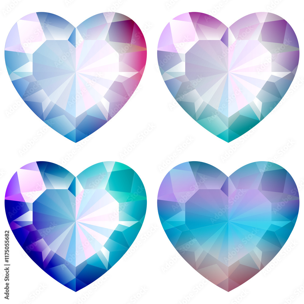 Set of Iridescent holographic heart 3D shape shiny glow diamond on transparent background cutout Set of Iridescent holographic heart 3D shape shiny glow diamond on transparent background cutout