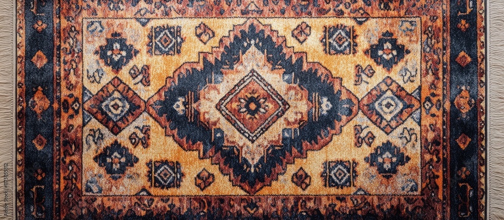 Abstract Turkish Wool Carpet Design with Decorative Patterns and Space for Text in a Bath Setting Abstract Turkish Wool Carpet Design with Decorative Patterns and Space for Text in a Bath Setting