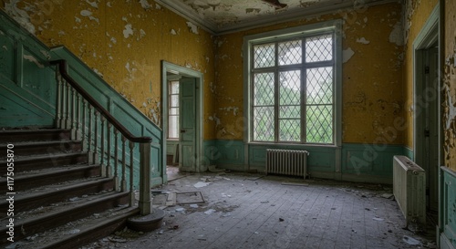 abandoned mansion interior, grand staircase, peeling yellow wallpaper, ornate window, decaying architecture, urban exploration, moody atmosphere, rays of light, debris on floor, eerie emptiness, faded