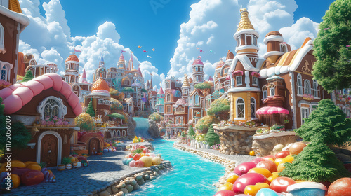 A charming chocolate city with colorful chocolate buildings, candy roofs and streets made of caramel, where rivers of berry morsels flow through the city and chocolate fruit candy trees bloom