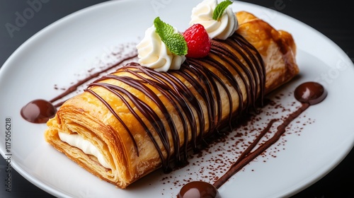 Flaky pastry drizzled with chocolate and topped with cream and raspberry. photo