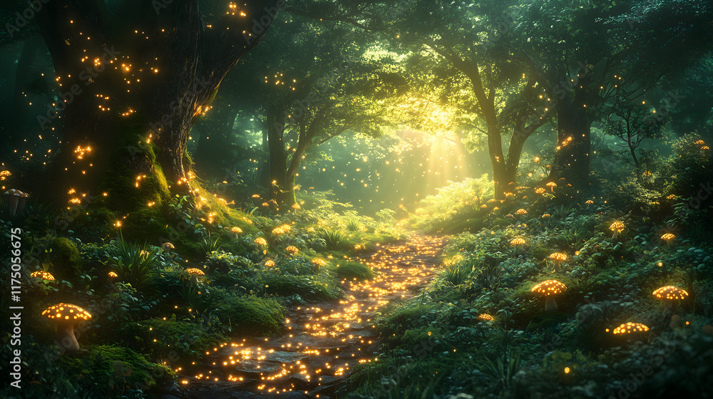 Magical Forest Path with Glowing Mushrooms and Sunlight Filtering Through Trees Magical Forest Path with Glowing Mushrooms and Sunlight Filtering Through Trees