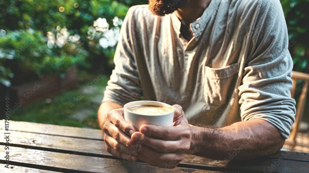 Closeup of a man drinking a cup of cappuccino outside at a cafe. Closeup of a man drinking a cup of cappuccino outside at a cafe.