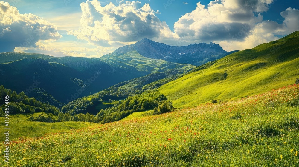 Fototapeta premium Breathtaking Summer Scene of Lush Green Mountain Landscape Under a Clear Blue Sky