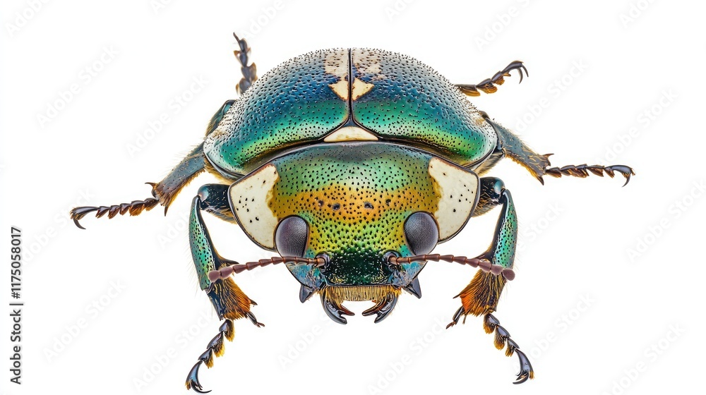 Naklejka premium Vibrant Asian Rose Beetle Displaying Iridescent Colors on a Clean White Background