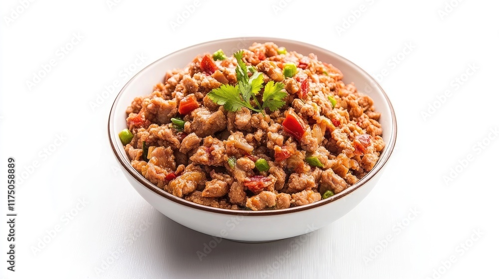 Minced Pork Stir Fry with Vegetables on White Background Traditional Thai Cuisine Dish Minced Pork Stir Fry with Vegetables on White Background Traditional Thai Cuisine Dish