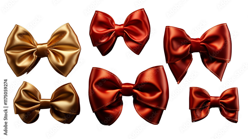 Elegant Red and Gold Satin Bows on Black Background, Gift Decoration, studio view, isolated on transparent background. Elegant Red and Gold Satin Bows on Black Background, Gift Decoration, studio view, isolated on transparent background.