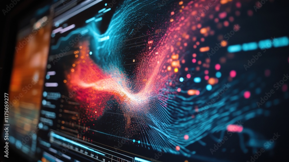 A close-up of electromagnetic radiation waves visualized on a computer screen, with data analysis in progress. A close-up of electromagnetic radiation waves visualized on a computer screen, with data analysis in progress.