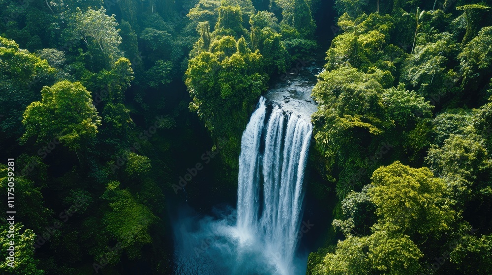 Naklejka premium Aerial view of magnificent waterfall cascading through vibrant tropical rainforest with lush greenery and space for text placement