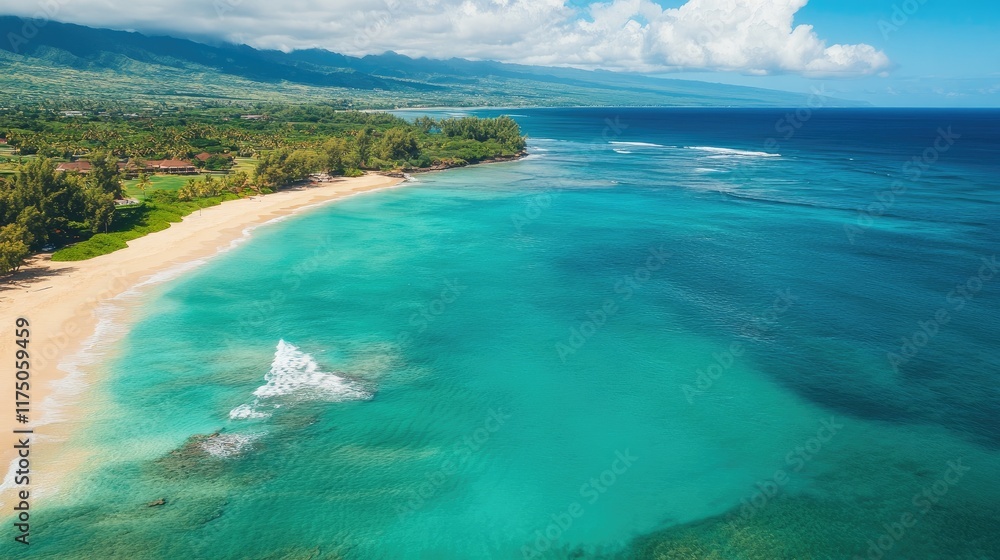 Fototapeta premium Aerial view of a pristine tropical beach featuring sandy shoreline and turquoise waters under a bright sunny sky
