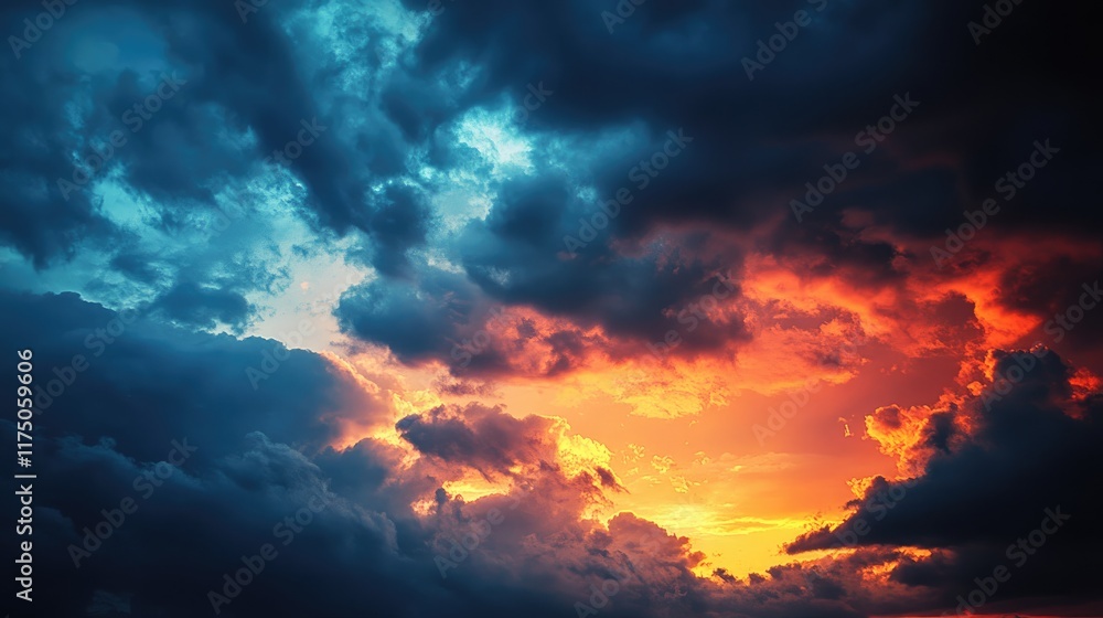 Naklejka premium vibrant sunset against dramatic dark clouds showcasing a stunning interplay of colors in the evening sky