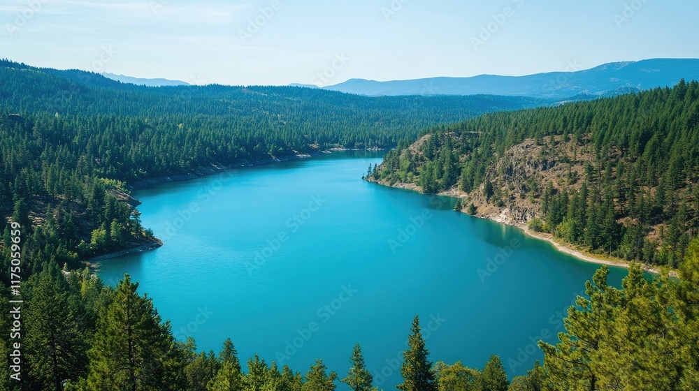 Naklejka premium Aerial view of serene blue lake encircled by lush forest with ample space for text placement or branding ideas