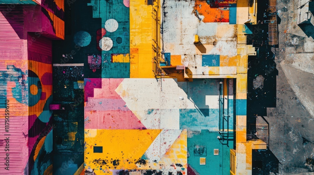 Fototapeta premium Aerial view of colorful street art murals showcasing vibrant patterns and textures with ample space for text or other graphic elements