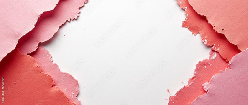 Ripped Paper Layers in Shades of Pink, Red, and White Overlap in the Corners, Creating Depth While Leaving the Center Open Ripped Paper Layers in Shades of Pink, Red, and White Overlap in the Corners, Creating Depth While Leaving the Center Open