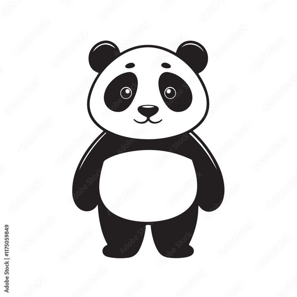 Naklejka premium Cute cartoon panda bear character in black and white style, adorable animal illustration, simple panda design for children, playful vector artwork with cheerful expression