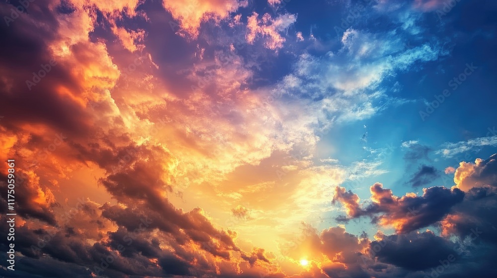 Naklejka premium Vibrant sunset sky with dramatic clouds blending orange blue and purple hues creating a breathtaking natural landscape at twilight