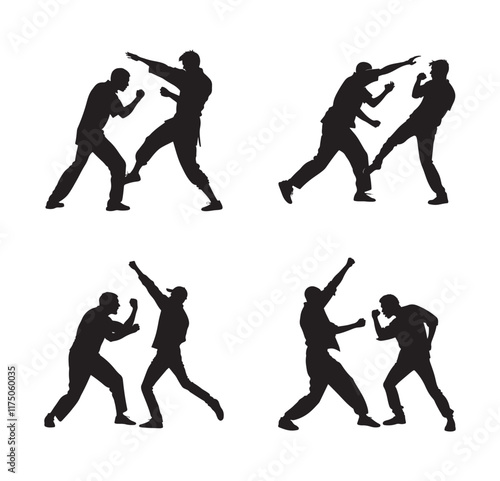 Martial arts fighting silhouettes of two men in combat poses, vector illustration of self-defense techniques, street fight positions, black and white combat actions for graphic design