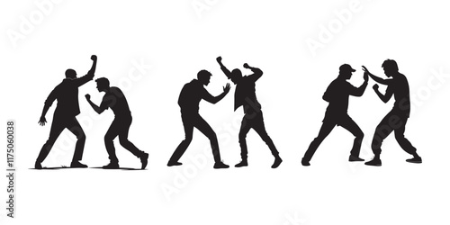 Silhouettes of people in different fighting stances, engaging in physical altercations, self-defense, or combat scenarios