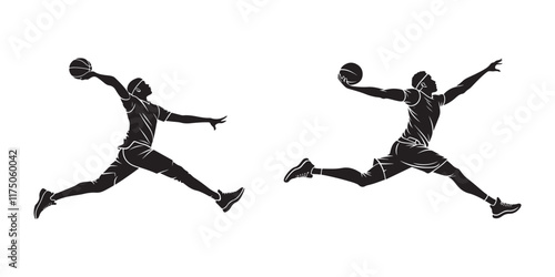 Dynamic silhouette of a basketball player in mid-air dunking pose, showcasing athleticism and motion, perfect for sports and fitness themes, black and white vector art