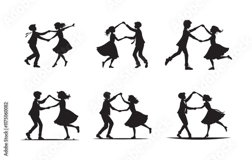 Set of dancing couple silhouettes in various joyful poses, man and woman swing dancing, vintage style dance moves on white background, perfect for retro, artistic, and dance-themed designs