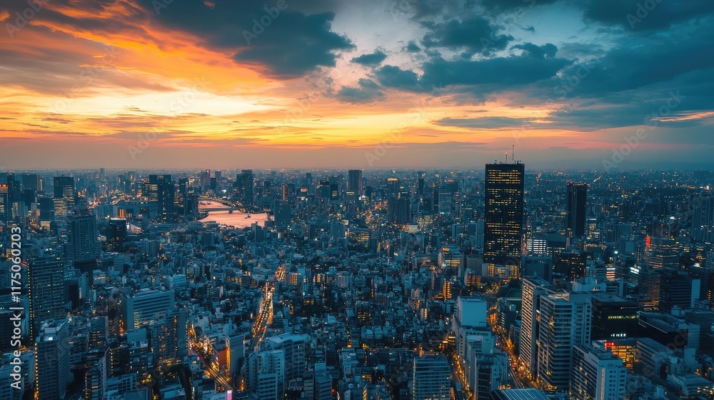 Obraz premium Aerial view of a vibrant urban landscape at twilight highlighting city life with clear space for text placement or advertising use