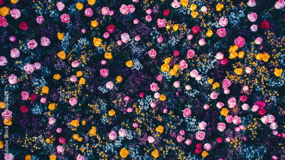 Vibrant aerial perspective of flourishing fields filled with diverse blooming tulips in vibrant colors during spring season. Vibrant aerial perspective of flourishing fields filled with diverse blooming tulips in vibrant colors during spring season.