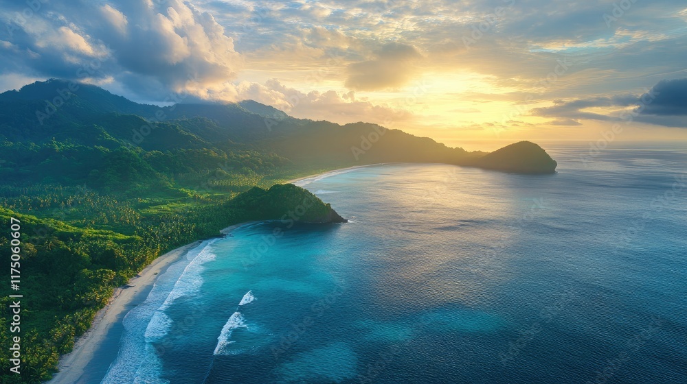 Obraz premium Aerial view of serene tropical coastline with lush green hills and breathtaking sunset sky over calm ocean waters
