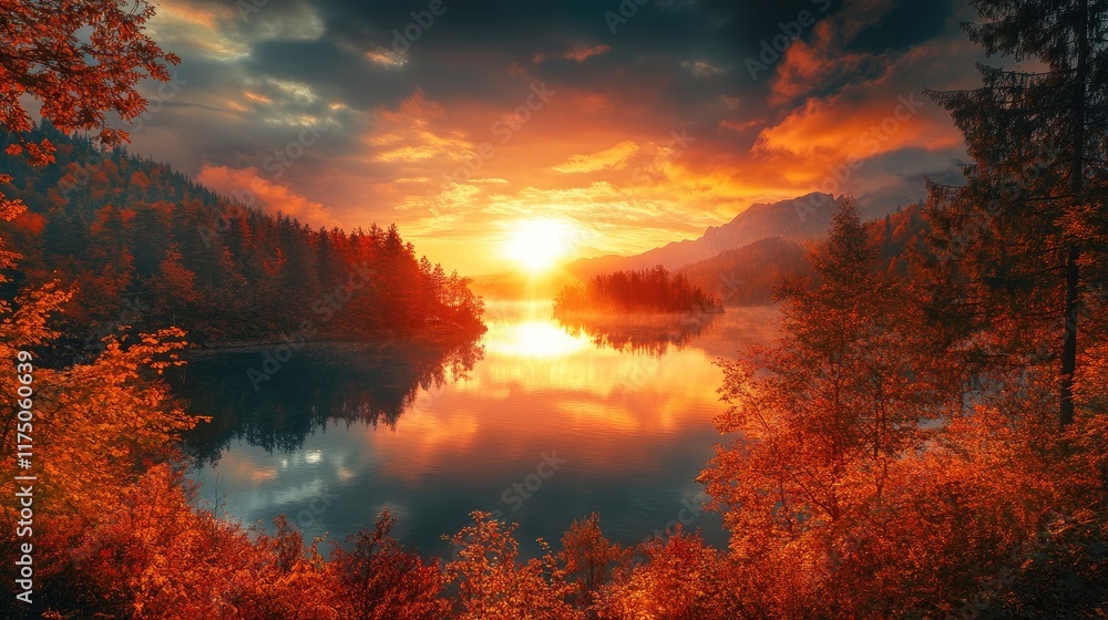 Stunning autumn sunset reflecting on a serene lake surrounded by vibrant forest scenery in warm hues. Stunning autumn sunset reflecting on a serene lake surrounded by vibrant forest scenery in warm hues.