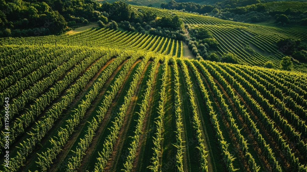 Aerial view of vibrant vineyard rows in rolling green hills with empty space for text and design elements Aerial view of vibrant vineyard rows in rolling green hills with empty space for text and design elements