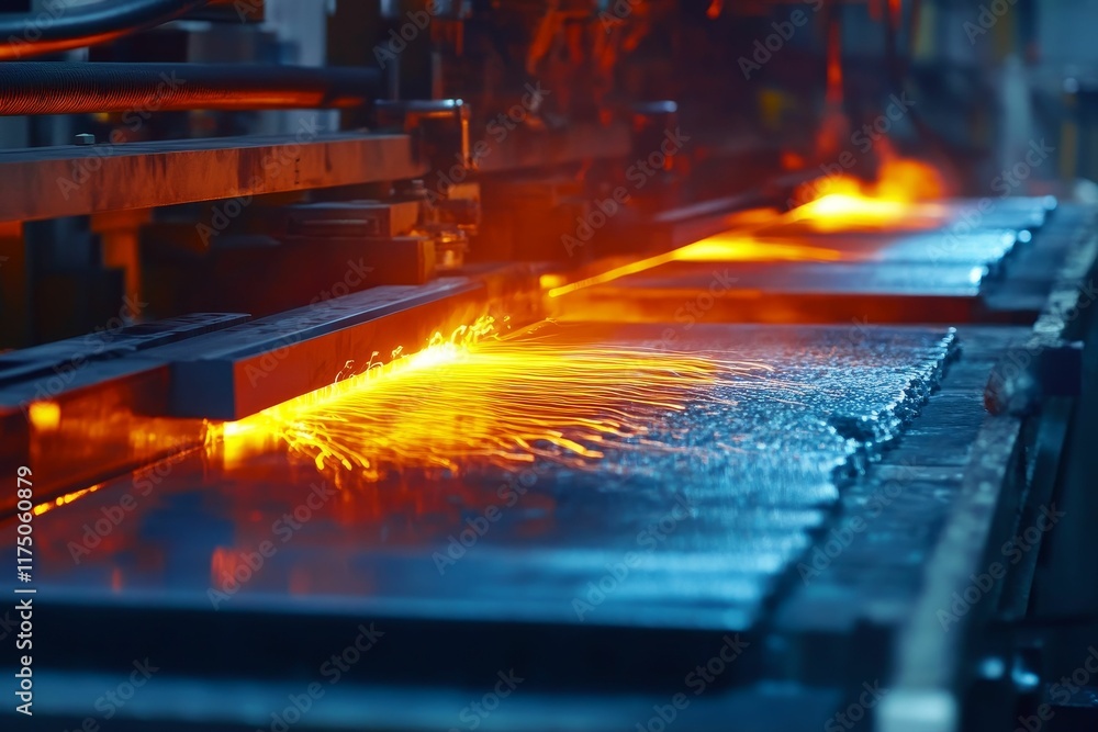 Molten material flows on industrial conveyor. Molten material flows on industrial conveyor.