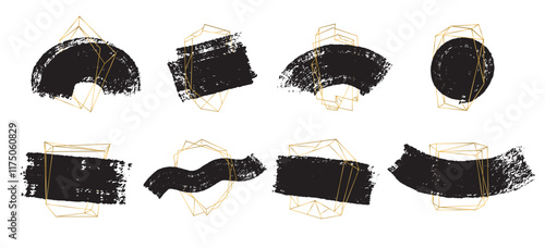 Set of golden frame for text graphics for design, art. Frame stylish geometric with gold. Brush stroke vector element for design business cards, holidays, invitations, gift cards, flyers and brochures
