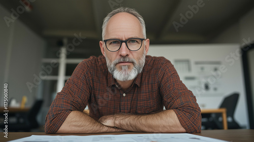 Male manager with an intense look, leaning on a table in a spacious office, while a subordinate nervously explains something. photo