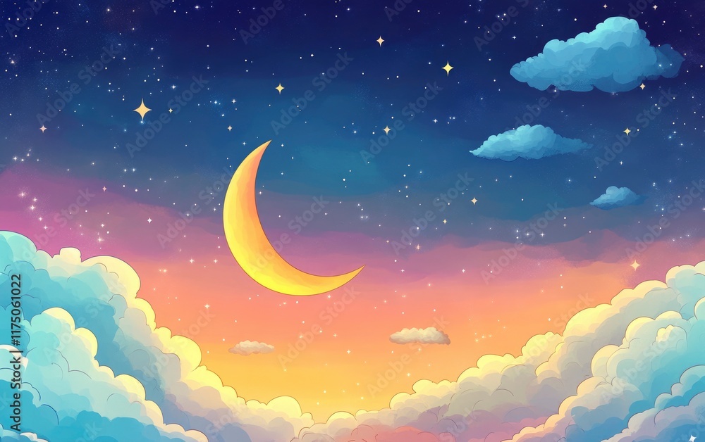 Fototapeta premium Beautiful night sky with a crescent moon and stars, and sunset clouds. This background is suitable for a Ramadan Kareem celebration or Iftar party banner template with copy space for text.