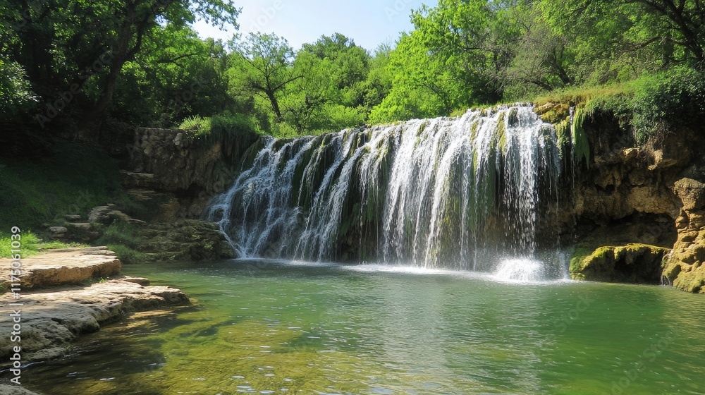 Obraz premium Serene cascading waterfalls surrounded by lush greenery and a tranquil pool for a peaceful nature escape