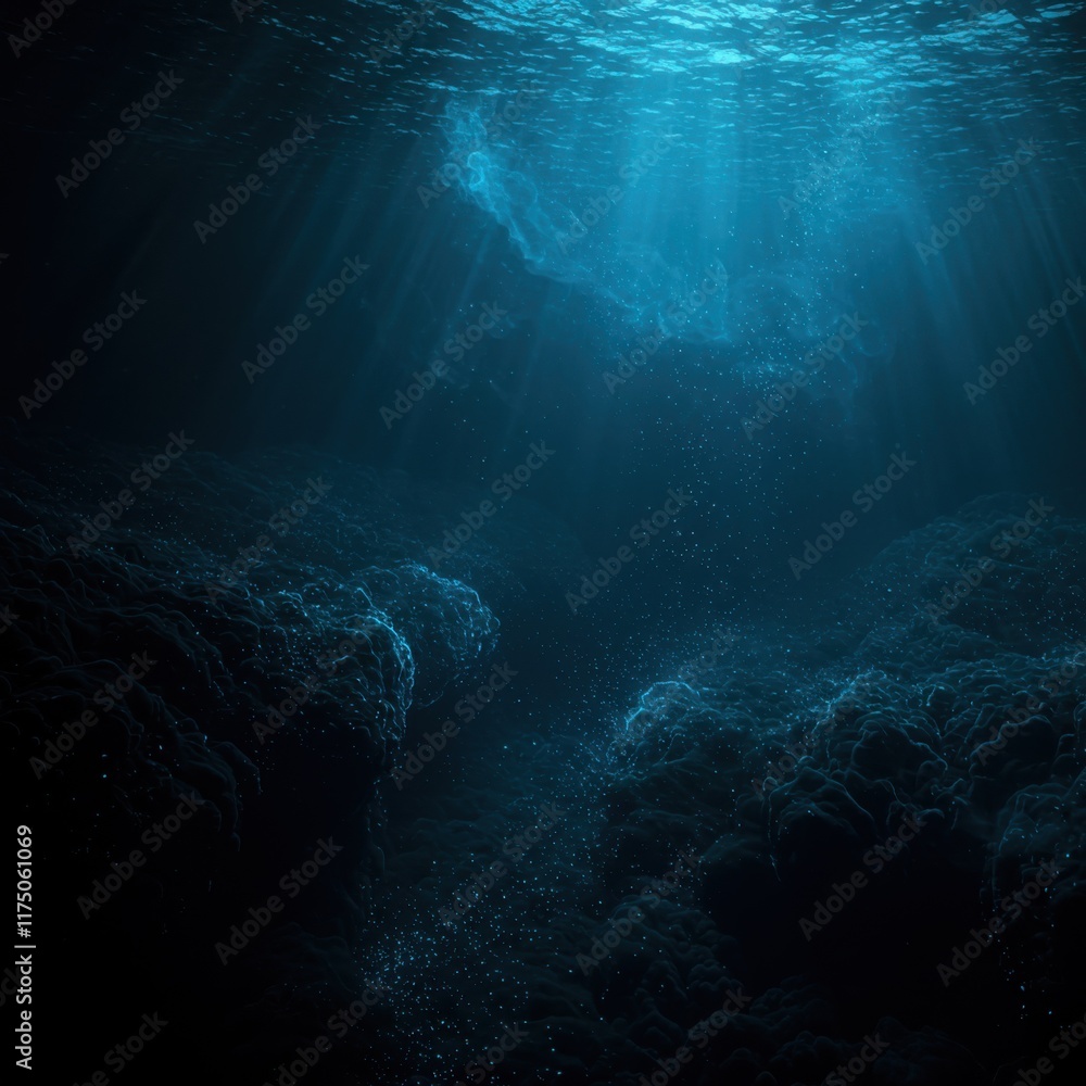 Obraz premium underwater scene, deep blue ocean, sunbeams penetrating water, ethereal light rays, submerged cave, bubbles rising, particles floating, mysterious atmosphere, dark depths, aquatic environment, serene 
