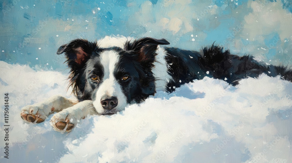 Fototapeta premium Border collie relaxing in snowy landscape with blue sky background showcasing a serene winter scene and playful canine spirit.