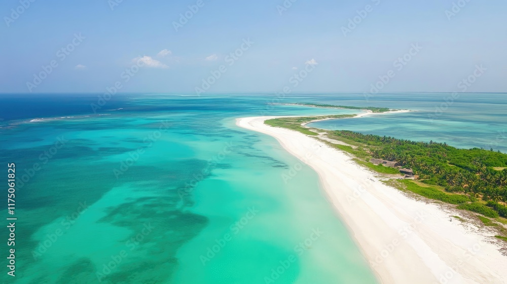 Obraz premium Aerial View of Serene Tropical Beach with Pristine White Sand and Vibrant Turquoise Waters Ideal for Travel and Vacation Themes